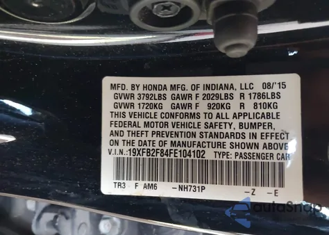 2015 Honda Civic Ex from USA, damaged, VIN 19XFB2F84FE104102